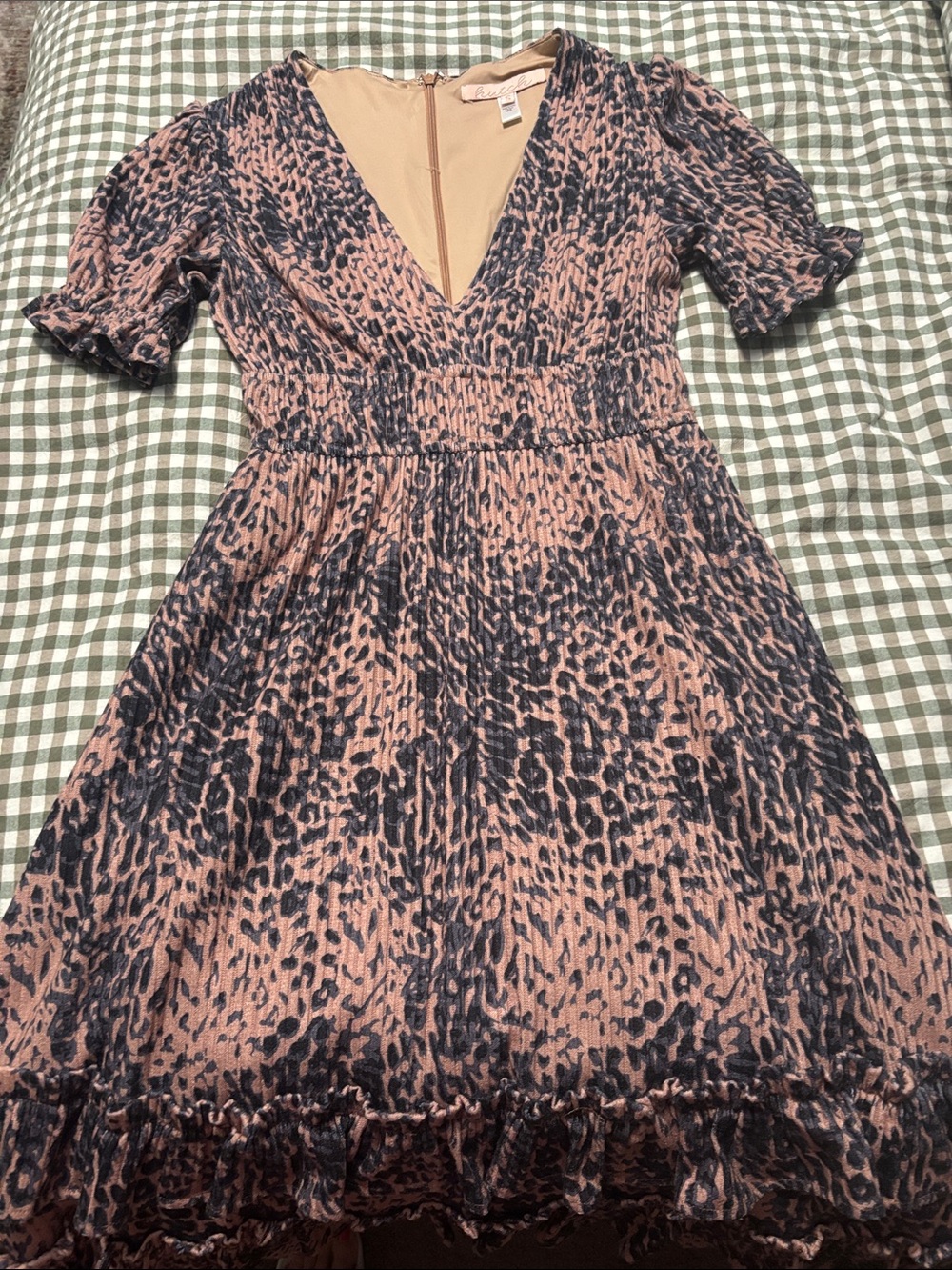 V-Neck Leopard Print Ruffle Midi Dress - Navy & Brown